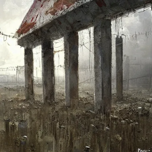 Image similar to painting of a abandoned post soviet town infested with humanoid root monsters by jakub rozalski