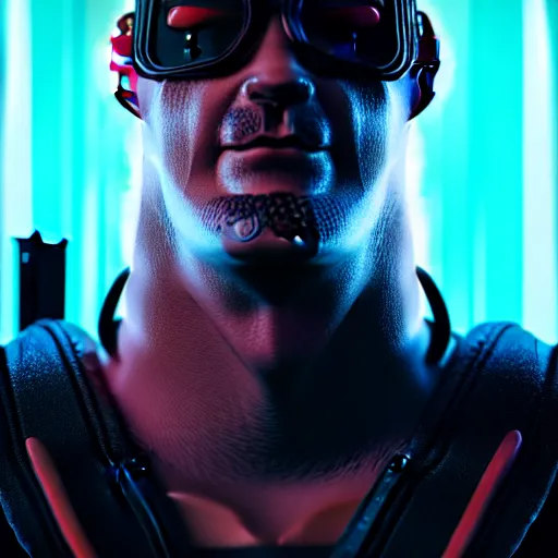 Image similar to Cyberpunk Benny the Bouncer, Tattoo on the neck, 4K symmetrical portrait, character concept art, hyper quality, future Doctrine, secret organization, 4k post-processing, moody lighting, rendered by octane engine