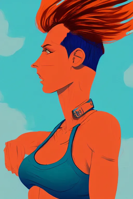 Image similar to a award winning half body portrait of a beautiful caucasian woman in a croptop and cargo pants with ombre orange blue teal hairstyle with head in motion and hair flying by will eisner, outrun, vaporware, digital art, trending on artstation, highly detailed, fine detail, intricate