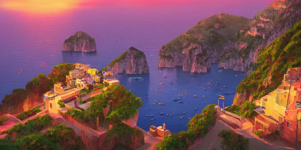 Prompt: epic professional digital art of a lonely street on a cliff over the sea at sunset in capri island, nice beaches, ,best on artstation, colorful sylvain sarrailh concept art, by peter chan, pixar movie, upscaled, perfect composition , golden ratio