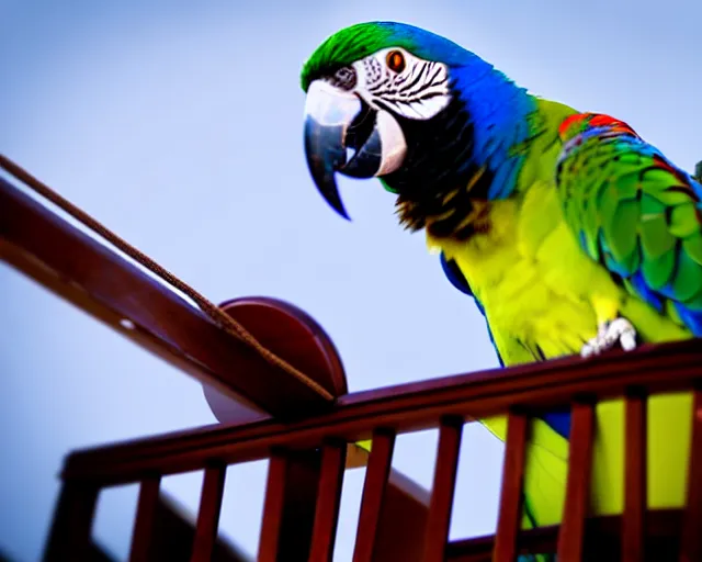Prompt: low angle photo of a parrot on a pirate ship, rule of thirds