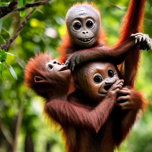 Image similar to Little Groot playing with a baby orangutan by Disney