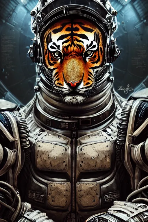 Image similar to a portrait of a muscular anthropomorphic cyberpunk tiger in spacesuit armor with ensignia on chest plate by sandra chevrier, by jon foster, detailed render, post - processing, extremely hyperdetailed, intricate, epic composition, cybernetics, 4 k realistic, cryengine, realistic shaded lighting, sharp focus, masterpiece, by enki bilal