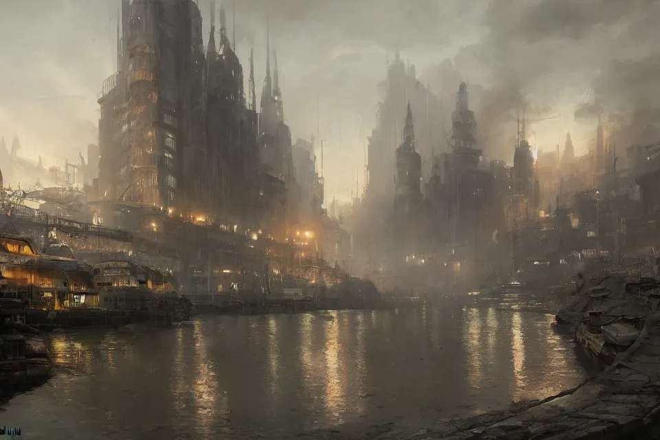 Prompt: highly detailed painting of dieselpunk stockholm, river, by greg rutkowski, 4 k resolution, trending on artstation