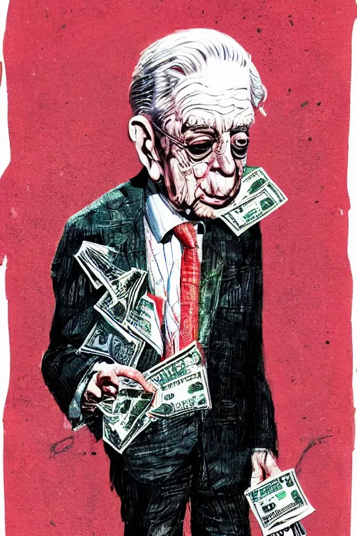 Image similar to George Soros full body shot, dollar bills Body horror, biopunk, by Ralph Steadman, Francis Bacon, Hunter S Thompson