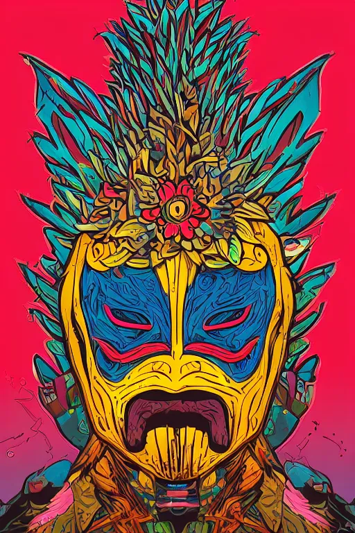 Image similar to animal mask totem roots flower tribal feather gemstone plant wood rock shaman vodoo video game vector cutout illustration vivid multicolor borderlands comics by josan gonzales and dan mumford radiating a glowing aura