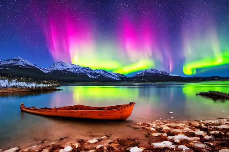 Prompt: beautiful northern lights landscape photography of the Rocky Mountains with a crystal blue lake, small boat, serene, dramatic lighting.