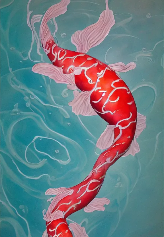 Prompt: a biomorphic painting of a koi, flower, surrealist painting by krenz cushart and dorothea tanning, pastel blues and pinks, melting, plastic, featured on artstation, tentacles, pink bees, metaphysical painting, oil on canvas, fluid acrylic pour art, airbrush art, concept art hyper realistic, rococo, lovecraftian