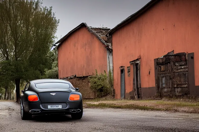 Image similar to modern rusty matte tired Bentley Continental GT without gloss no reflections drives along the road of an old Russian village with houses at the edges