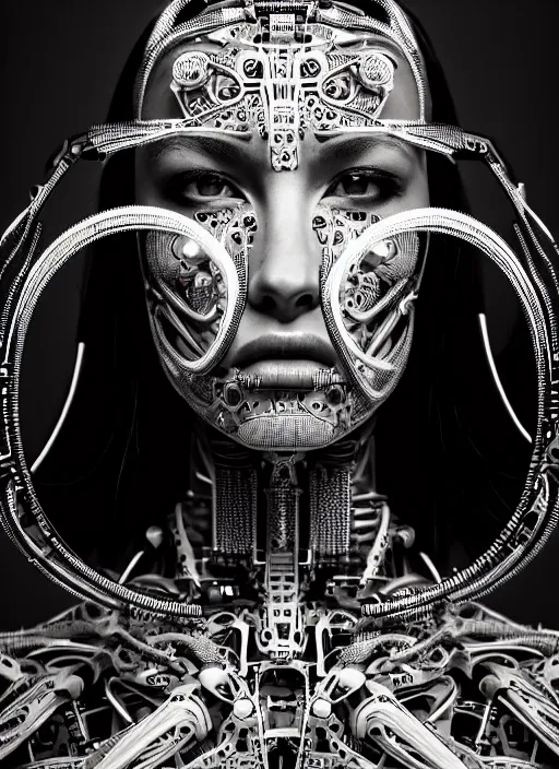 Image similar to a stunning young female cyborg profile face, face is made intricate tribal bio - mechanical, editorial photography, bw, shot on 7 0 mm, depth of field, f / 2. 8, high contrast, 1 6 k, rays of shimmering light, volumetric lighting, shiny, insanely detailed and intricate, hypermaximalist, elegant, ornate, hyper realistic, super detailed