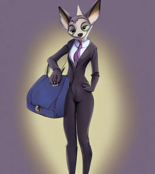 Image similar to oil painting of full body of anthromorphic female wolf, in style of zootopia, zootopia, zootopia, fursona, furry, furaffinity, 4 k, deviantart, furry art, fursona art, wearing black business suit, business suit, in style of zootopia, wolf fursona, cyberpunk, female, expressive detailed feminine face,