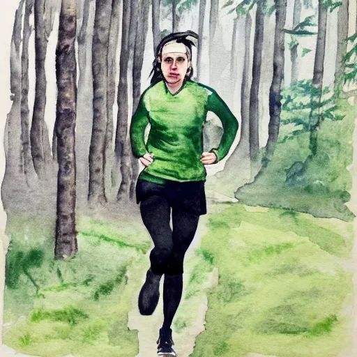 Prompt: a female orienteer wearing a green long - sleeved shirt and black tights runs in the forest, watercolor on canvas.