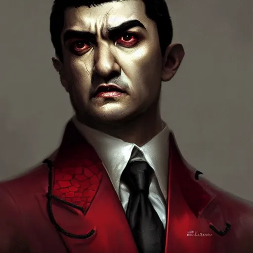 Image similar to portrait of aamir khan upper body in bloody business suit, blood red eyes, vampire fangs, fantasy, intricate, elegant, highly detailed, digital painting, artstation, concept art, matte, sharp focus, illustration, art by aenaluck and roberto ferri and greg rutkowski, epic fantasy, digital painting