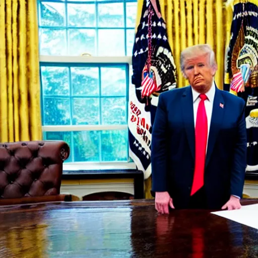 Prompt: trump sits at the resolute desk as a rainstorm fills up the oval office with water. Award winning portrait.
