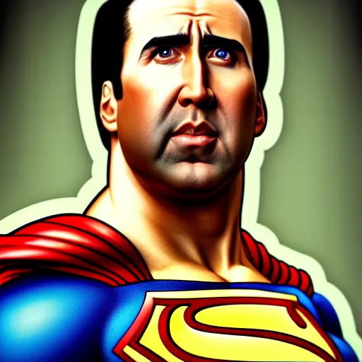 Image similar to upper body portrait of nicolas cage as superman, intricate, elegant, highly detailed, digital painting, artstation, concept art, smooth, sharp focus, illustration, art by artgerm and greg rutkowski and alphonse mucha, award winning, 8 k