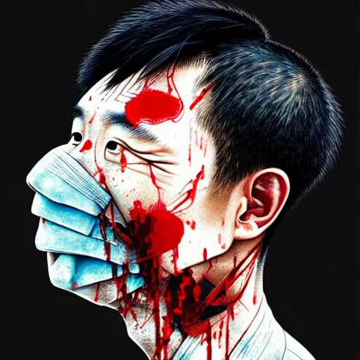 Prompt: portrait of a chinese man :: side profile :: oxygen mask :: blood and ocean intricate details :: 8k :: by vikings and Sandra Chevrier