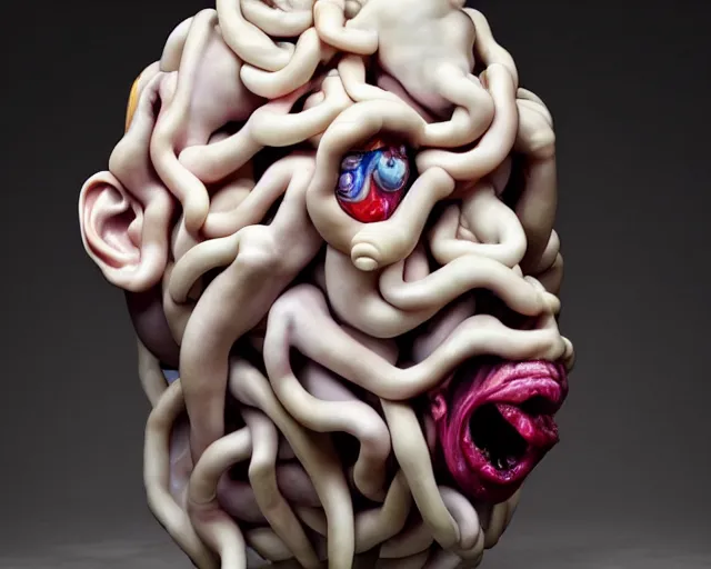 Prompt: a massive porcelain sculpture in an psychosphere of nicholas cage's face spewing glowing babies from his mouth, in the style of johnson tsang, funny sculpture, lucid dream series, oil on canvas