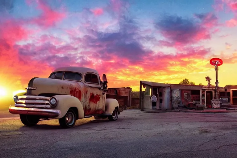 Image similar to a sunset light landscape with historical route 6 6, lots of sparkling details and sun ray ’ s, blinding backlight, smoke, volumetric lighting, colorful, octane, 3 5 mm, abandoned gas station, old rusty pickup - truck, beautiful epic colored reflections, very colorful heavenly, softlight