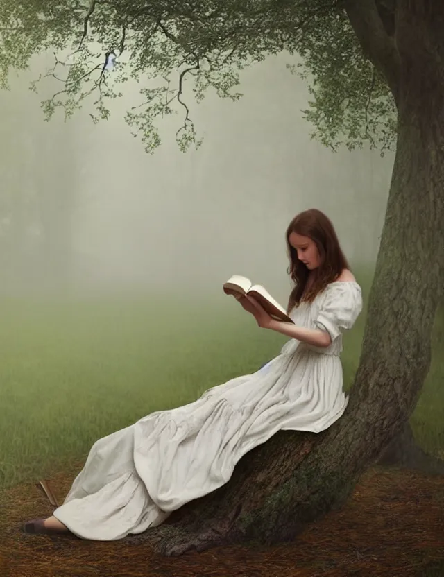 Image similar to beautiful peasant Girl in long white dress reading a book sitting on a tree in a foggy forest, Cinematic focus, Polaroid photo, vintage, neutral colors, soft lights, by Steve Hanks, by Serov Valentin, by lisa yuskavage, by Andrei Tarkovsky 8k render, detailed, oil on canvas