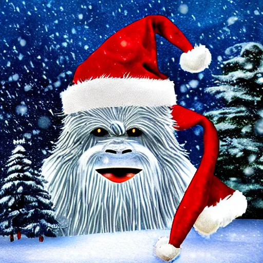 Image similar to a yeti with santas hat, night, snowy mountain