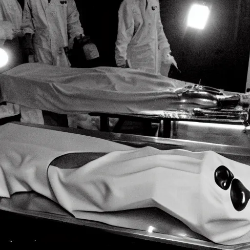 Image similar to photo of an alien autopsy, black and white, wide angle