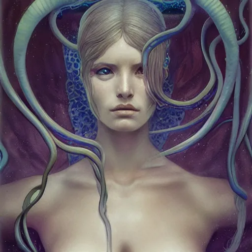 Image similar to vertical eyes, tentacle-enabled underwater human descendant, futuristic painting by jim burns, edward burne-jones, krenz cushart, dagon, hd 8k