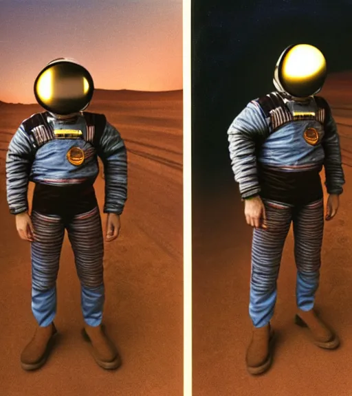 Image similar to A photo of 1980s VR spacesuit designed by US Army, scary athmosphere, dark, single vague light, desert military base at night, slightly desatured colors, Polaroid photo found in the attic