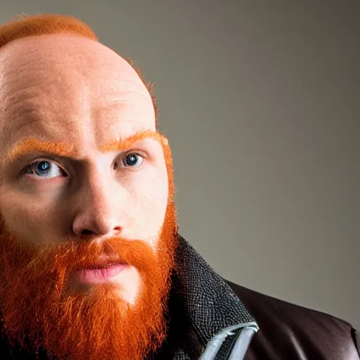 Image similar to photograph of a ginger male, middle aged balding superhero