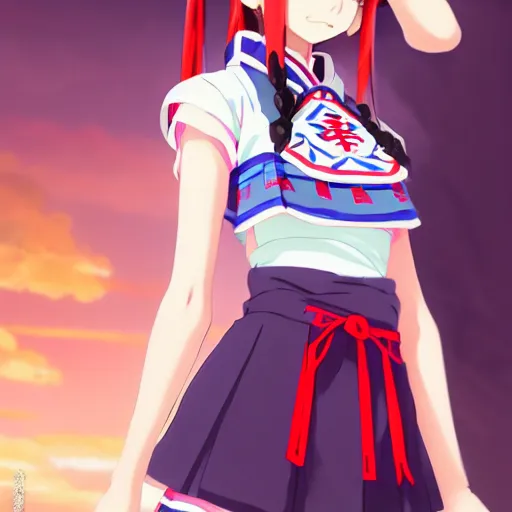 Image similar to a beautiful boyish zelda alluring gravure model, wearing japanese school girl outfit with mayan pattern and native style, modern aztec street fashion, perfect anime face, gapmoe yandere grimdark, trending on pixiv fanbox, painted by greg rutkowski makoto shinkai takashi takeuchi studio ghibli, akihiko yoshida