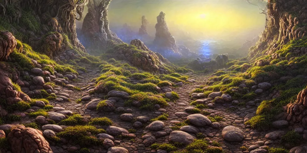 Image similar to hyperrealistic mixed media painting of a rocky dirt trail across a fantasy landscape, stunning 3d render inspired art by P. Craig Russell and Barry Windsor-Smith + dim volumetric lighting, dizzy, full body, 8k octane beautifully detailed render, post-processing, extremely hyperdetailed, intricate, epic composition, grim yet sparkling atmosphere, cinematic lighting + masterpiece, trending on artstation, very very detailed, masterpiece, stunning