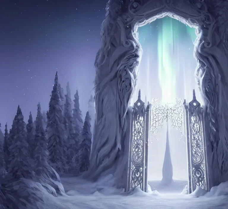 Image similar to a very detailed concept art of intricate and scandinavian white gates to aurora borealis infused with magic, dynamic lighting trending on artstation, symmetry, digital art, 4 k, hyper realistic, octane render, sharp focus