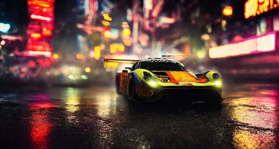 Prompt: close up macro shot of a racing car on wet city street at night, intricate, hyper detailed, smooth, high contrast, neon, volumetric lighting, octane, moebius, greg rutkowski, blade runner, ripley scott, cindmatic