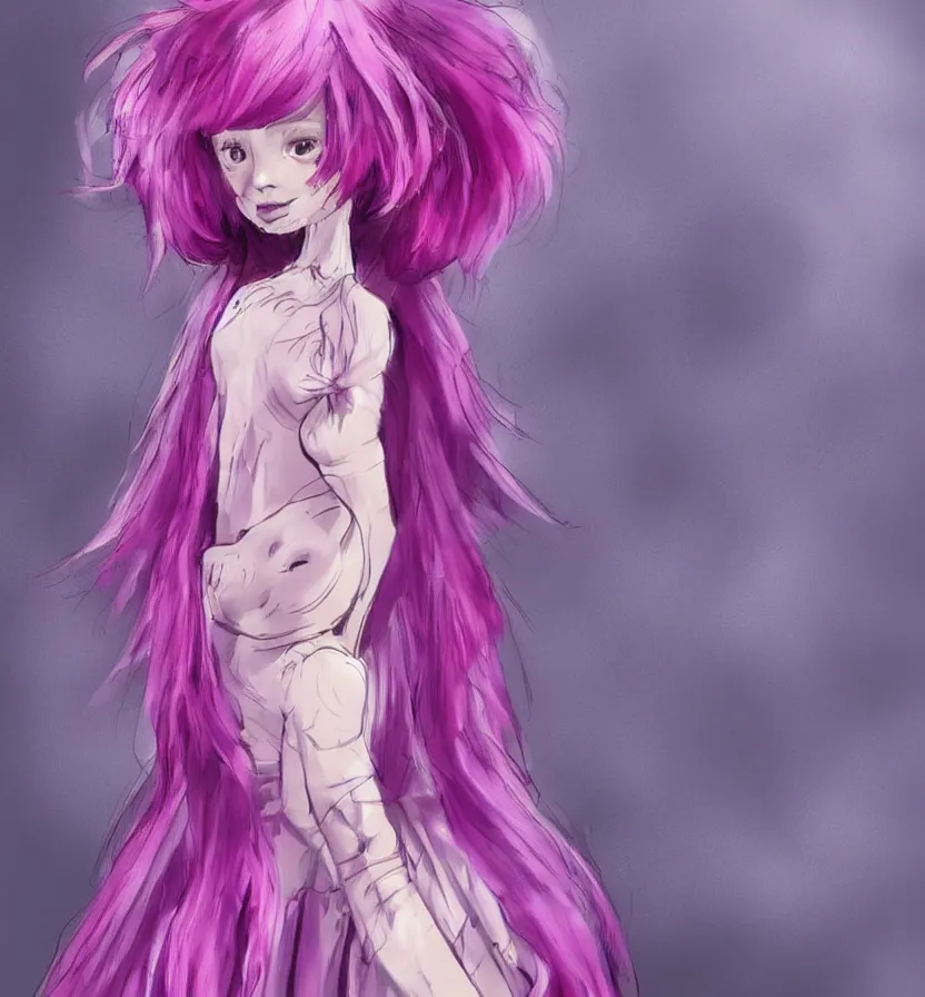 Prompt: little girl with eccentric pink hair wearing a dress made of purple fur, anatomically perfect, concept art, smooth