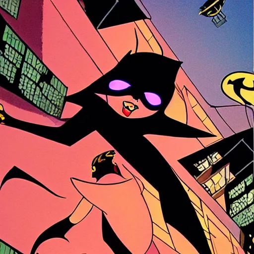 Image similar to batman the animated series, bruce timm, batman chasing catwoman on rooftop at night