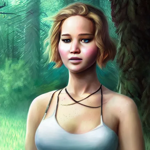 Image similar to a portrait of jennifer lawrence as a pokemon trainer, beautiful, in a dark forest, extremely detailed digital art, trending on artstation hyper realistic matte painting, pixar, by wlop, art germ