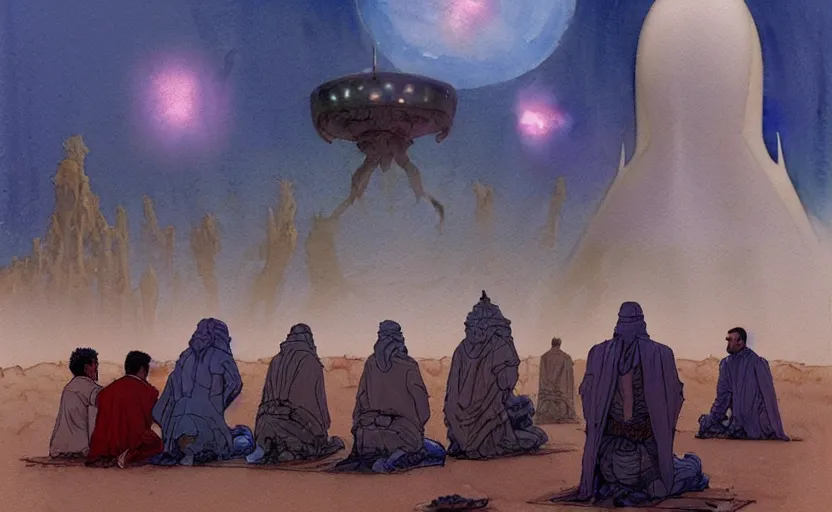 Image similar to a hyperrealist watercolour character concept art portrait of a group of middle eastern men kneeling down in prayer to a tall elegant lovecraftian alien on a misty night in the desert.. a battlecruiser starship is in the background. by rebecca guay, michael kaluta, charles vess and jean moebius giraud