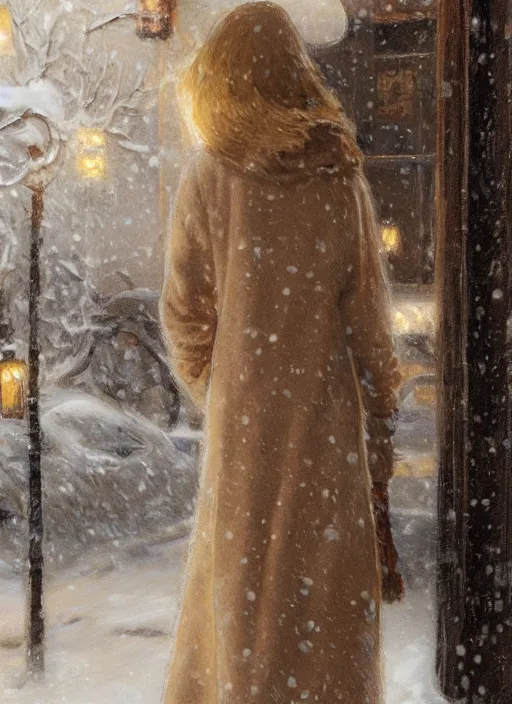 Prompt: emma stone beige coat walking into new york apartment building in winter, close up of wreath on door, snow, artwork by gaston bussiere, craig mullins, trending on artstation