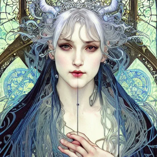 Prompt: realistic detailed face portrait in profile of an ice witch, white hair, surrounded by icicles by Alphonse Mucha, Ayami Kojima, Amano, Karol Bak, Greg Hildebrandt, Jean Delville, and Mark Brooks, Art Nouveau, Neo-Gothic, gothic, rich deep moody colors