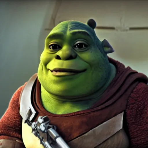 Prompt: a film still of baby shrek in the mandalorian