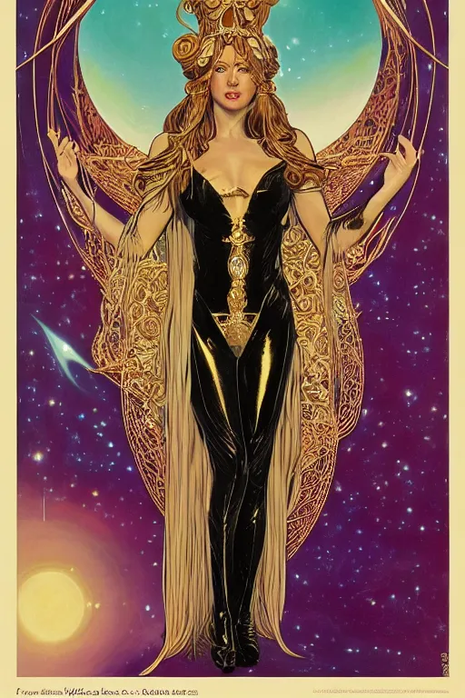 Prompt: Portrait of an epic space queen sorceress with long hair wearing catsuit with ornate bronze and gold, Art Nouveau, retro science fiction poster by Elisabeth Sonrel and Kelly Freas (1965), character concept art, 4k, cgsociety, artgerm