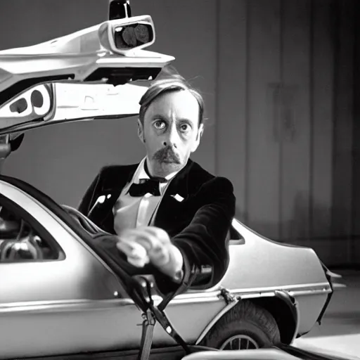 Image similar to hg wells sitting in a delorean time machine cinematic dramatic 3 5 mm 8 k