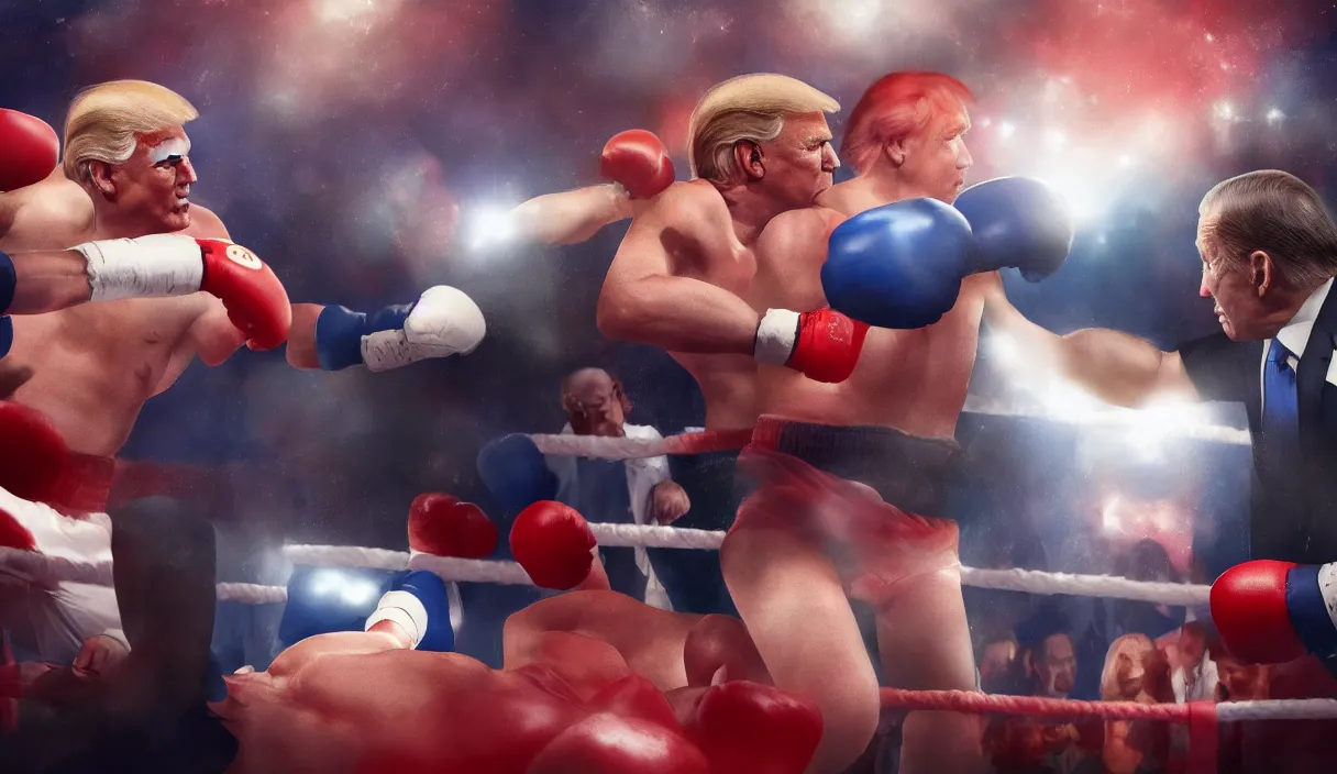 Prompt: a beautiful painting of donald trump and joe biden in a boxing match, cinematic angle, studio lighting, movie concept, trending on artstation, octane render, 8 k, ultra high detail