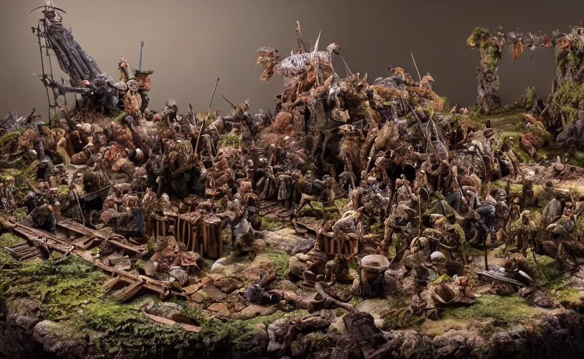 Image similar to stunning photograph of a claymation diorama of the battle of the pelennor fields, detailed, by erwin olaf, joop geesink, jim henson, brian froud, 8 k resolution, beautiful lighting, studio light, extremely detailed, establishing shot, realistic materials, hyperrealistic