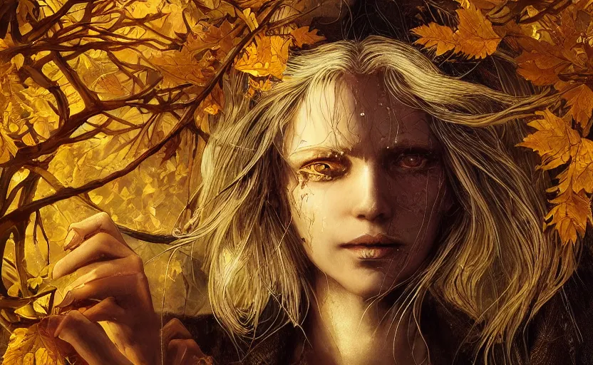 Image similar to golden leaves at frame border, creative!!! composition for a book cover!!!, absurdly beautiful, ultrafine hyperrealistic detailed old witch face by wlop and artgerm and greg rutkowski, intricate linework, sharp focus, smooth, octopath traveler, final fantasy, unreal engine, dramatic lighting, ethereal, 8 k