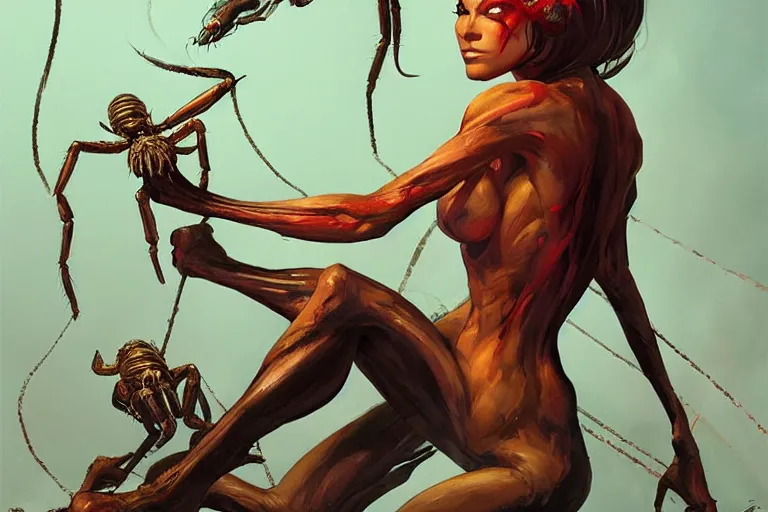 Prompt: A portrait painting of a spider woman with giant spider legs and hair needles crawling out of a volcano, illustration, detailed, award-winning, trending on artstation, by Frank Frazetta and Charlie Bowater and Mark Brooks and Richard Corben H-1024