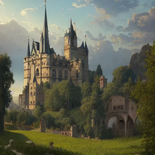 Prompt: medieval gothic city with castle on top of the hill, grass, symetrical, very detailed, beautiful, intricate, cinematic, artstation, william bouguereau, alphonse mucha, greg rutkowski, highly detailed 4 k art, sharp focus, smooth, hd