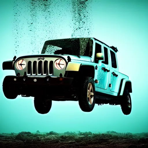 Image similar to eerie murky underwater photo of an upside - down jeep sinking down. bubbles. 4 k.