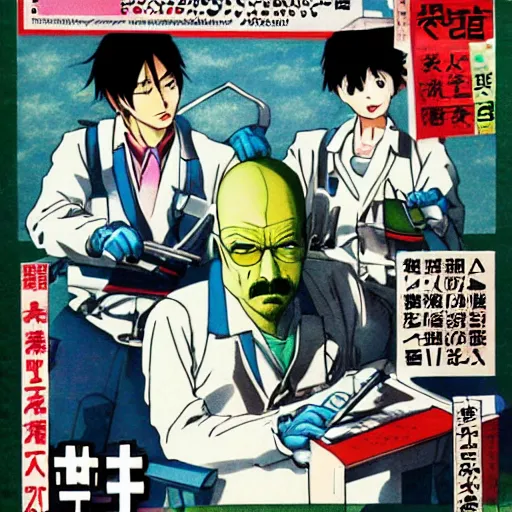 Prompt: japanese magazine advert for breaking bad anime, 1 9 8 5