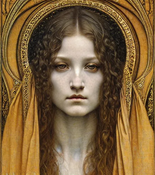 Image similar to detailed realistic beautiful young medieval queen face portrait by jean delville, gustave dore and marco mazzoni, art nouveau, symbolist, visionary, gothic, pre - raphaelite. horizontal symmetry