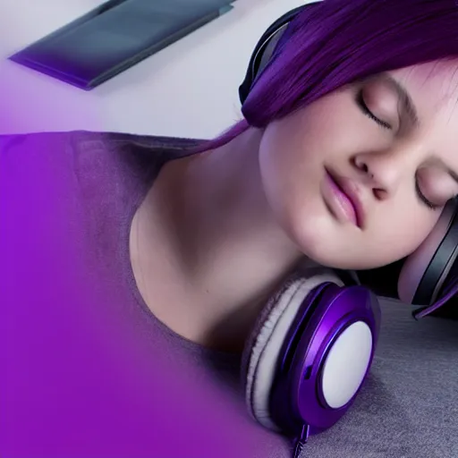 Prompt: beautiful purple - haired female sleeping at desk on computer, wearing headphones, by beeple in hyper realistic action still